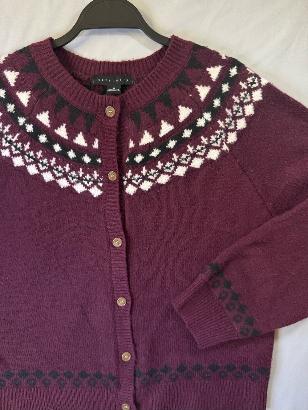Sanctuary Women's Plum Fair Isle Button-Up Cardigan Sweater, Sz XL